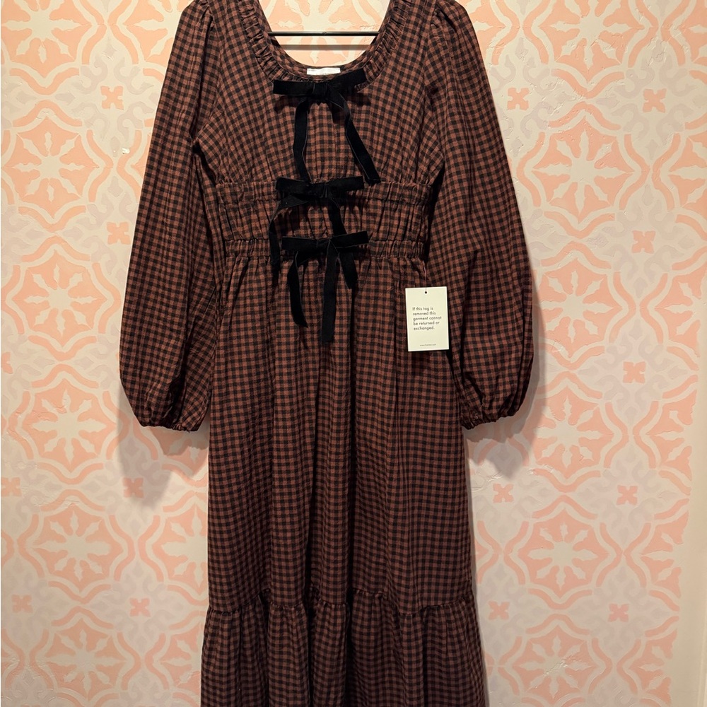 bohme Brown and Black Checked Long Sleeve Midi Dress with Velvet Bows
